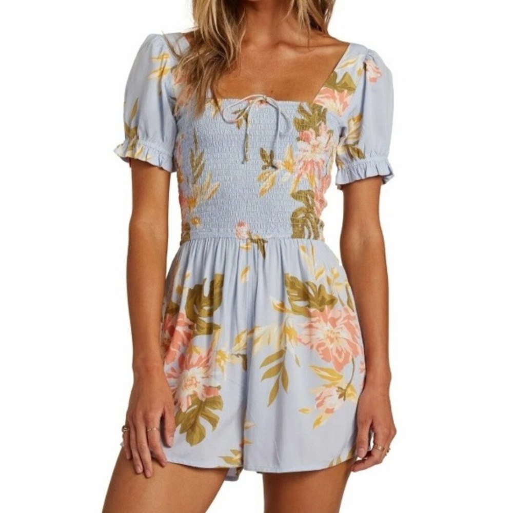 Billabong Blue Floral Smocked Puff Sleeve Romper XS Tropical Viscose